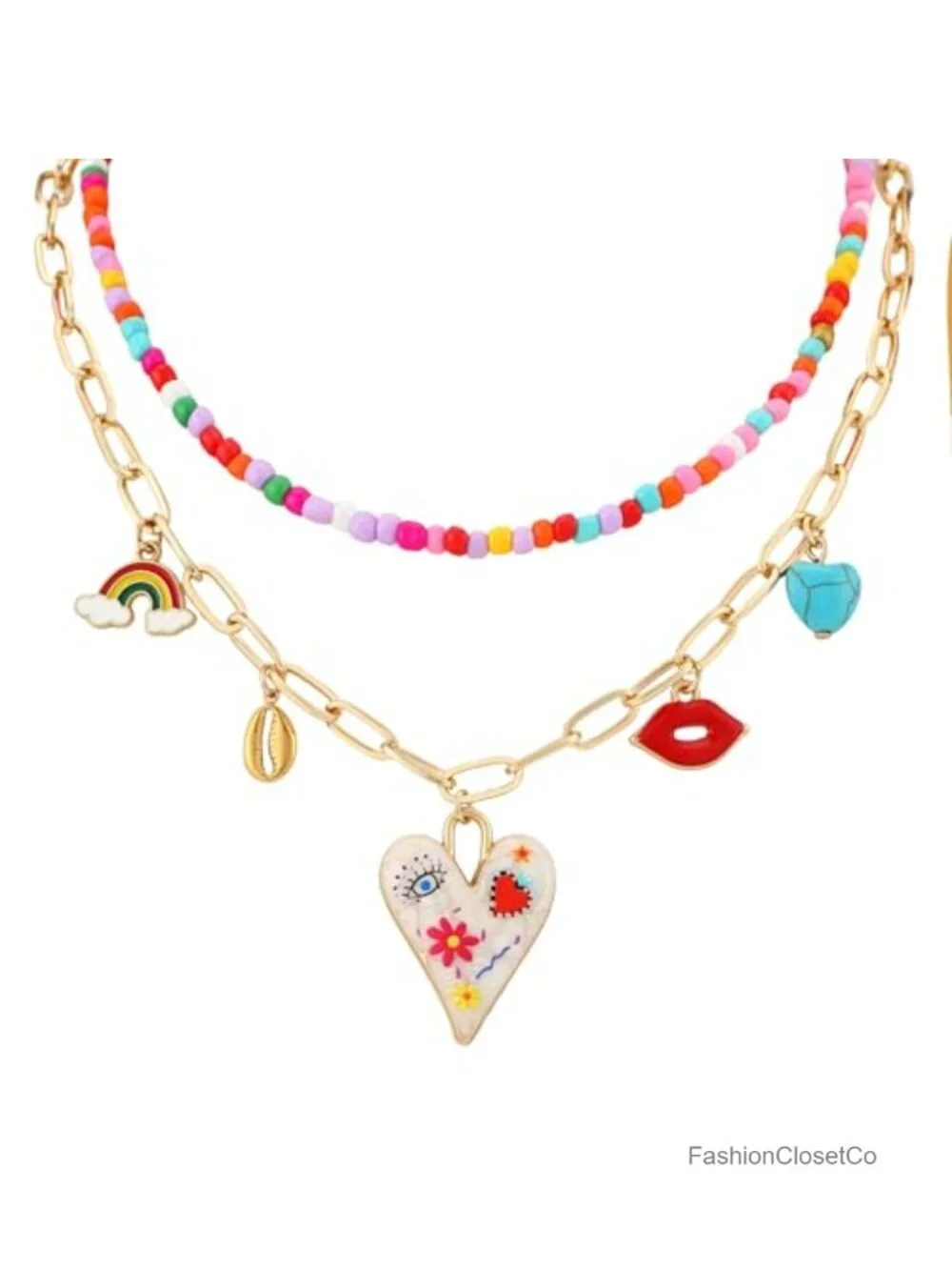 Layered Beaded Choker Necklace Set Evil Eye Heart Pendant Boho Dainty Statement